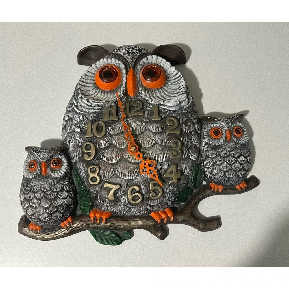 VTG Handmade Ceramic 3 Owl Family On Branch Wall Clock Retro 1975 Boho Works!